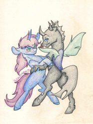 Size: 2445x3265 | Tagged: safe, artist:twisted-sketch, oc, oc only, oc:evening breeze, oc:gyro tech, species:changeling, species:pony, species:unicorn, bipedal, blushing, bryro, changeling oc, cute, dancing, flower, flower in mouth, gay, male, mouth hold, rose, shipping