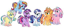 Size: 2944x1336 | Tagged: safe, artist:monkfishyadopts, base used, character:applejack, character:fluttershy, character:pinkie pie, character:rainbow dash, character:rarity, character:twilight sparkle, gradient hair, gradient hooves, mane six, rainbow ponies, stars, universe pony