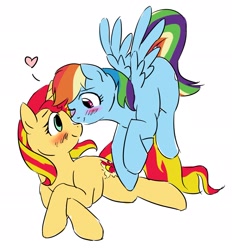 Size: 1777x1913 | Tagged: safe, artist:catlover1672, character:rainbow dash, character:sunset shimmer, species:pegasus, species:pony, species:unicorn, ship:sunsetdash, blushing, female, flying, heart, lesbian, looking at each other, shipping, simple background, smiling, white background