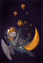 Size: 1153x1677 | Tagged: safe, artist:eosphorite, character:derpy hooves, species:pegasus, species:pony, astronaut, blep, epic derpy, eyes on the prize, featured on derpibooru, female, latex, mare, muffin, reaching, smiling, solo, space suit, spread wings, that pony sure does love muffins, tongue out, wings