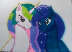 Size: 1239x897 | Tagged: safe, artist:shadow-nights, character:princess celestia, character:princess luna, species:pony, duo, ethereal mane, female, folded wings, galaxy mane, looking at each other, mare, paper, simple background, sisters, smiling, sparkly mane, traditional art, white background, wings