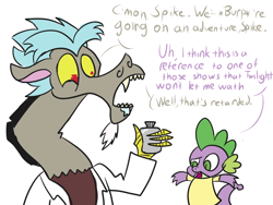 Size: 1200x900 | Tagged: safe, artist:turkleson, character:discord, character:spike, crossover, dialogue, rick and morty