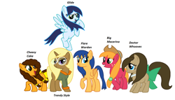 Size: 2036x1166 | Tagged: safe, artist:t-mack56, base used, character:big mcintosh, character:cheese sandwich, character:doctor whooves, character:flash sentry, character:soarin', character:time turner, character:trenderhoof, species:pony, flare warden, glide, grilled cheese (r63), group shot, macareina, missing cutie mark, names, rule 63, simple background, the doctoress, trend setter, white background