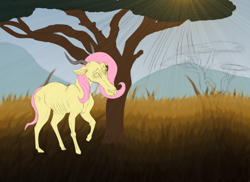 Size: 1024x745 | Tagged: safe, artist:inurantchan, character:fluttershy, ambiguous gender, antelope, hirola, solo, species swap, tree