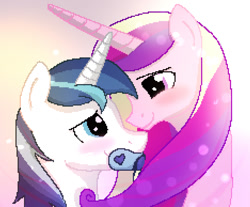 Size: 937x775 | Tagged: safe, artist:edrian, character:princess cadance, character:shining armor, ship:shiningcadance, blushing, female, horns are touching, looking at each other, male, pacifier, shipping, straight