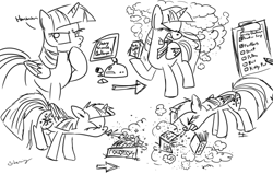 Size: 1024x653 | Tagged: safe, artist:silverwing, character:twilight sparkle, character:twilight sparkle (alicorn), species:alicorn, species:pony, challenge, challenge accepted, comic, commission, computer, dust, flower, humor, monochrome, sketch, sketch dump, sneeze cloud, sneezing, spray