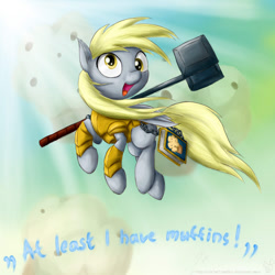 Size: 900x900 | Tagged: safe, artist:rule1of1coldfire, character:derpy hooves, species:pegasus, species:pony, armor, epic derpy, female, hammer, leeroy jenkins, mare