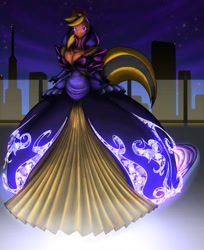 Size: 1047x1280 | Tagged: safe, artist:toughset, oc, oc only, oc:help desk, species:anthro, anthro oc, balcony, city, cityscape, clothing, dress, futuristic, glasses, gloves, gown, hologram, hood, night, solo