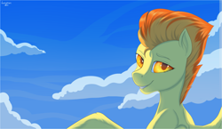Size: 3507x2036 | Tagged: safe, artist:risterdus, character:spitfire, species:pony, bust, cloud, cloudy, cutefire, female, glowing eyes, looking at you, looking back, looking back at you, sky, solo, spread wings, wings