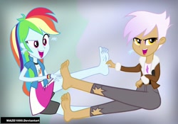 Size: 1024x717 | Tagged: safe, artist:maze1000, character:gilda, character:rainbow dash, species:human, my little pony:equestria girls, barefoot, duo, equestria girls-ified, feet, female, foot fetish, open mouth, raised foot, raised leg, sitting, sweat, sweatdrop, tickling, ticklng