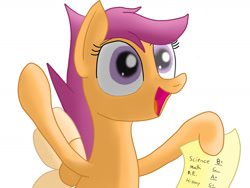 Size: 1600x1200 | Tagged: safe, artist:flashiest lightning, character:scootaloo, species:pegasus, species:pony, cute, female, filly, grades, happy, hoof hold, open mouth, report card, school, simple background, smiling, solo, white background