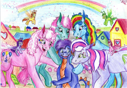 Size: 2000x1390 | Tagged: safe, artist:animagicworld, character:minty, character:pinkie pie (g3), character:rainbow dash (g3), character:spike (g3), character:wysteria, species:breezies, g3, female, male, mintyspike, pinkiespike (g3), rainbowspike (g3), shipping, spike gets all the mares, straight, traditional art, wysterispike