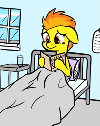 Size: 509x644 | Tagged: safe, artist:lux, character:spitfire, bandage, bed, blanket, card, crying, cup, cute, female, floppy ears, hnnng, hospital, injured, pillow, sitting, smiling, solo, table, tears of joy, wavy mouth, window
