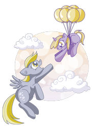 Size: 612x850 | Tagged: safe, artist:xkappax, character:derpy hooves, character:dinky hooves, species:pegasus, species:pony, balloon, cloud, equestria's best mother, female, floating, flying, mare