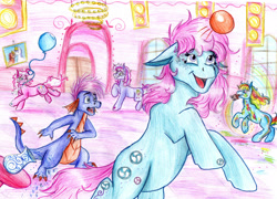 Size: 2281x1645 | Tagged: safe, artist:animagicworld, character:minty, character:pinkie pie, character:rainbow dash, character:rainbow dash (g3), character:spike, character:spike (g3), character:wysteria, species:pony, g3, ball, balloon, hilarity ensues, oh minty minty minty, paint, traditional art, vase