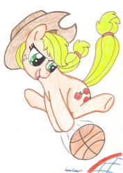 Size: 820x1155 | Tagged: safe, artist:silversimba01, character:applejack, species:earth pony, species:pony, basketball, fanart, female, mare, solo, sports, traditional art