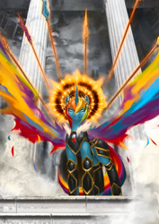 Size: 1240x1754 | Tagged: safe, artist:eosphorite, character:rainbow dash, species:alicorn, species:pony, 20% cooler, alicornified, armor, badass, cloud, cloudy, colored wings, element of loyalty, epic, halo, multicolored wings, race swap, rainbow wings, rainbowcorn, spear, weapon