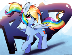 Size: 2200x1700 | Tagged: safe, artist:vulpessentia, character:rainbow dash, species:pegasus, species:pony, abstract background, alternate hairstyle, chest fluff, cute, dashabetes, female, leg fluff, lidded eyes, mare, ponytail, solo
