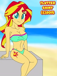 Size: 1920x2560 | Tagged: safe, artist:swagalicious-tony, character:sunset shimmer, my little pony:equestria girls, backwards cutie mark, beach, belly button, breasts, busty sunset shimmer, clothing, colored pupils, female, solo, swimsuit