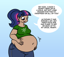Size: 900x800 | Tagged: dead source, safe, artist:bigponiesinc, character:twilight sparkle, species:human, ask feedee twilight, bbw, belly, belly button, belly grab, fat, female, humanized, muffin top, solo, twilard sparkle
