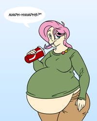 Size: 1000x1250 | Tagged: dead source, safe, artist:bigponiesinc, character:fluttershy, species:human, ask feedee twilight, bbw, belly, big belly, clothing, drinking, fat, fattershy, female, humanized, muffin top, puffy cheeks, sweater