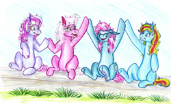 Size: 2091x1279 | Tagged: safe, artist:animagicworld, character:minty, character:pinkie pie, character:rainbow dash, character:rainbow dash (g3), character:wysteria, g3, hoofbump, traditional art