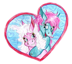 Size: 1648x1461 | Tagged: safe, artist:animagicworld, character:minty, character:pinkie pie, g3, female, hug, lesbian, mintypie, shipping, traditional art