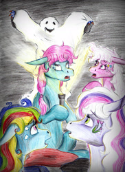Size: 1618x2223 | Tagged: safe, artist:animagicworld, character:minty, character:pinkie pie, character:rainbow dash, character:rainbow dash (g3), character:spike, character:spike (g3), character:wysteria, g3, clothing, costume, flashlight (object), nightmare night, scared