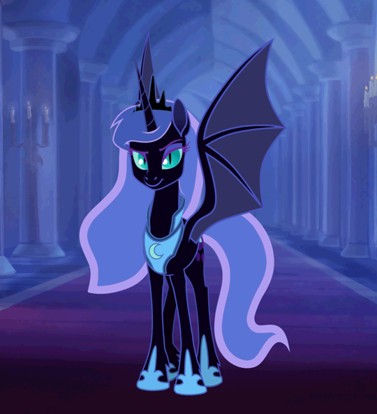 Size: 540x593 | Tagged: safe, artist:anima-dos, artist:duo cartoonist, artist:lionheartcartoon, character:nightmare moon, character:princess luna, species:alicorn, species:bat pony, species:pony, animated, bat pony alicorn, bat wings, bedroom eyes, castle, crown, cute, ethereal mane, evil laugh, eyeshadow, fangs, female, flapping, gif, grin, laughing, looking at you, makeup, mare, moonabetes, moonbat, open mouth, raised eyebrow, raised hoof, redesign, slit eyes, smiling, smirk, smooth as butter, solo, spread wings, the moon rises, unshorn fetlocks, wings