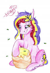 Size: 1340x1948 | Tagged: safe, artist:animagicworld, character:fluttershy, g3, bee, beehive, honey, this will end in pain, traditional art