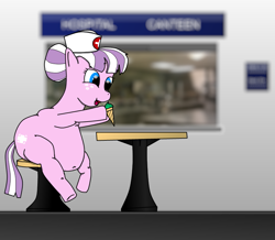 Size: 813x710 | Tagged: safe, artist:fatponysketches, character:nurse sweetheart, species:earth pony, species:pony, canteen, fat, female, hospital, ice cream cone, mare, solo, stool, table, tongue out