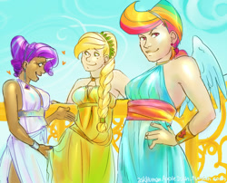 Size: 1000x809 | Tagged: safe, artist:schpog, character:applejack, character:rainbow dash, character:rarity, species:human, clothing, crystallized, dress, horned humanization, humanized, nail polish, toga, winged humanization