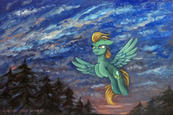 Size: 2015x1344 | Tagged: safe, artist:dragonataxia, character:lightning dust, species:pegasus, species:pony, dusk, female, flying, oil painting, sky, smiling, solo, traditional art