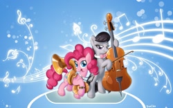 Size: 1680x1050 | Tagged: safe, artist:don-ko, character:octavia melody, character:pinkie pie, species:earth pony, species:pony, abstract background, cello, cymbals, duo, female, harmonica, mare, music notes, musical instrument, tuba, wallpaper