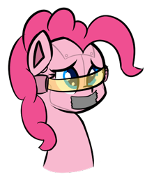 Size: 380x429 | Tagged: safe, artist:lux, character:pinkie pie, cyborg, emote, female, mute, ponkbot, robot, sad, simple background, solo, tape, transparent background, visor