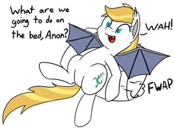 Size: 1083x797 | Tagged: safe, artist:lux, oc, oc only, oc:florence, species:bat pony, species:pony, dialogue, lying down, on back, pillow, simple background, solo, wah, what are we gonna do on the bed?, white background