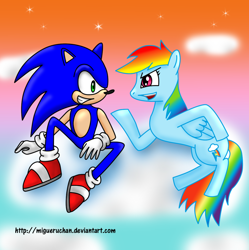 Size: 1140x1145 | Tagged: safe, artist:migueruchan, character:rainbow dash, character:sonic the hedgehog, cloud, cloudy, crossover, duo, hoofwrestle, match, sonic the hedgehog (series), wrestling