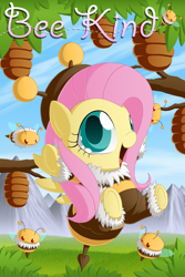 Size: 1200x1800 | Tagged: safe, artist:berrypawnch, character:fluttershy, animal costume, bee, bee costume, berrypawnch is trying to murder us, clothing, costume, cute, female, flutterbee, happy, shyabetes, solo
