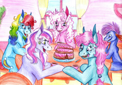 Size: 2208x1535 | Tagged: safe, artist:animagicworld, character:minty, character:pinkie pie, character:rainbow dash, character:rainbow dash (g3), character:spike, character:spike (g3), character:wysteria, g3, cake, messy eating, traditional art