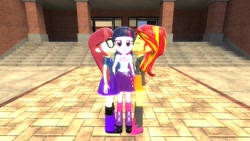 Size: 1360x768 | Tagged: safe, artist:mk513, character:moondancer, character:sunset shimmer, character:twilight sparkle, ship:sunsetsparkle, ship:twidancer, my little pony:equestria girls, 3d, female, gmod, kiss on the cheek, kiss sandwich, kissing, lesbian, shipping, sunsetsparkledancer