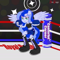 Size: 1932x1937 | Tagged: safe, artist:brodogz, character:princess luna, character:vice principal luna, my little pony:equestria girls, boxing, boxing ring, canterlot corner, female, ponied up, pony ears, pose, solo, vice principal luna, winged humanization