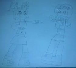 Size: 857x763 | Tagged: safe, artist:shafty817, character:fluttershy, character:sour sweet, my little pony:equestria girls, boxing, exeron fighters, exeron gloves, fight, monochrome, traditional art