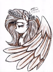 Size: 2411x3258 | Tagged: safe, artist:petanoprime, character:fluttershy, species:pegasus, species:pony, inktober, bust, female, floral head wreath, flower, inktober 2015, mare, monochrome, solo, traditional art