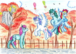 Size: 1985x1410 | Tagged: safe, artist:animagicworld, character:derpy hooves, character:medley, character:minty, character:thistle whistle, oc, species:pegasus, species:pony, g1, g3, female, hot air balloon, mare, traditional art