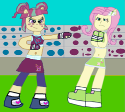 Size: 857x763 | Tagged: safe, artist:shafty817, character:fluttershy, character:sour sweet, equestria girls:friendship games, g4, my little pony: equestria girls, my little pony:equestria girls, spoiler:the accompanied, belly button, boxing, canterlot high, clothing, crystal prep academy, crystal prep shadowbolts, exeron fighters, fight, midriff, sports bra, wondercolts