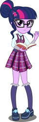 Size: 1435x4500 | Tagged: safe, artist:xebck, character:twilight sparkle, character:twilight sparkle (scitwi), species:eqg human, equestria girls:friendship games, g4, my little pony: equestria girls, my little pony:equestria girls, book, clothing, crystal prep academy, crystal prep academy uniform, crystal prep shadowbolts, female, glasses, looking at you, pleated skirt, school uniform, simple background, skirt, solo, transparent background, vector