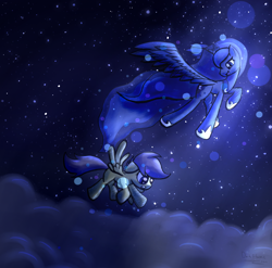 Size: 2992x2955 | Tagged: safe, artist:darkflame75, character:princess luna, character:scootaloo, species:alicorn, species:pegasus, species:pony, cloud, cloudy, female, filly, flying, flying lesson, high res, night, smiling