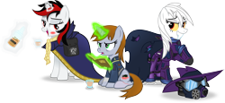 Size: 5086x2336 | Tagged: safe, artist:vector-brony, character:mare do well, oc, oc:blackjack, oc:boo, oc:littlepip, species:pony, species:unicorn, fallout equestria, fallout equestria: project horizons, blushing, book, bottle, cloak, clothing, fanfic, fanfic art, female, glowing horn, horn, levitation, magic, mare, pipbuck, pipleg, saddle bag, simple background, telekinesis, transparent background, vault suit, wild pegasus
