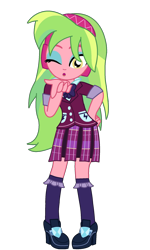 Size: 1338x2232 | Tagged: safe, artist:cbear624, character:lemon zest, equestria girls:friendship games, g4, my little pony: equestria girls, my little pony:equestria girls, blowing a kiss, bow tie, clothing, crystal prep academy, crystal prep academy uniform, crystal prep shadowbolts, cute, female, hand on hip, headphones, high heels, looking at you, one eye closed, pleated skirt, school uniform, schoolgirl, shoes, simple background, skirt, socks, solo, transparent background, vector, wink, zestabetes
