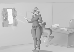 Size: 1000x705 | Tagged: safe, artist:sirmasterdufel, part of a set, character:mayor mare, species:anthro, species:plantigrade anthro, big breasts, breasts, desk, female, monochrome, office, solo